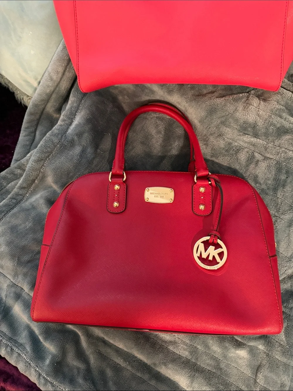 Michael Kors Red Saffiano Dome Satchel with Gold MK Charm